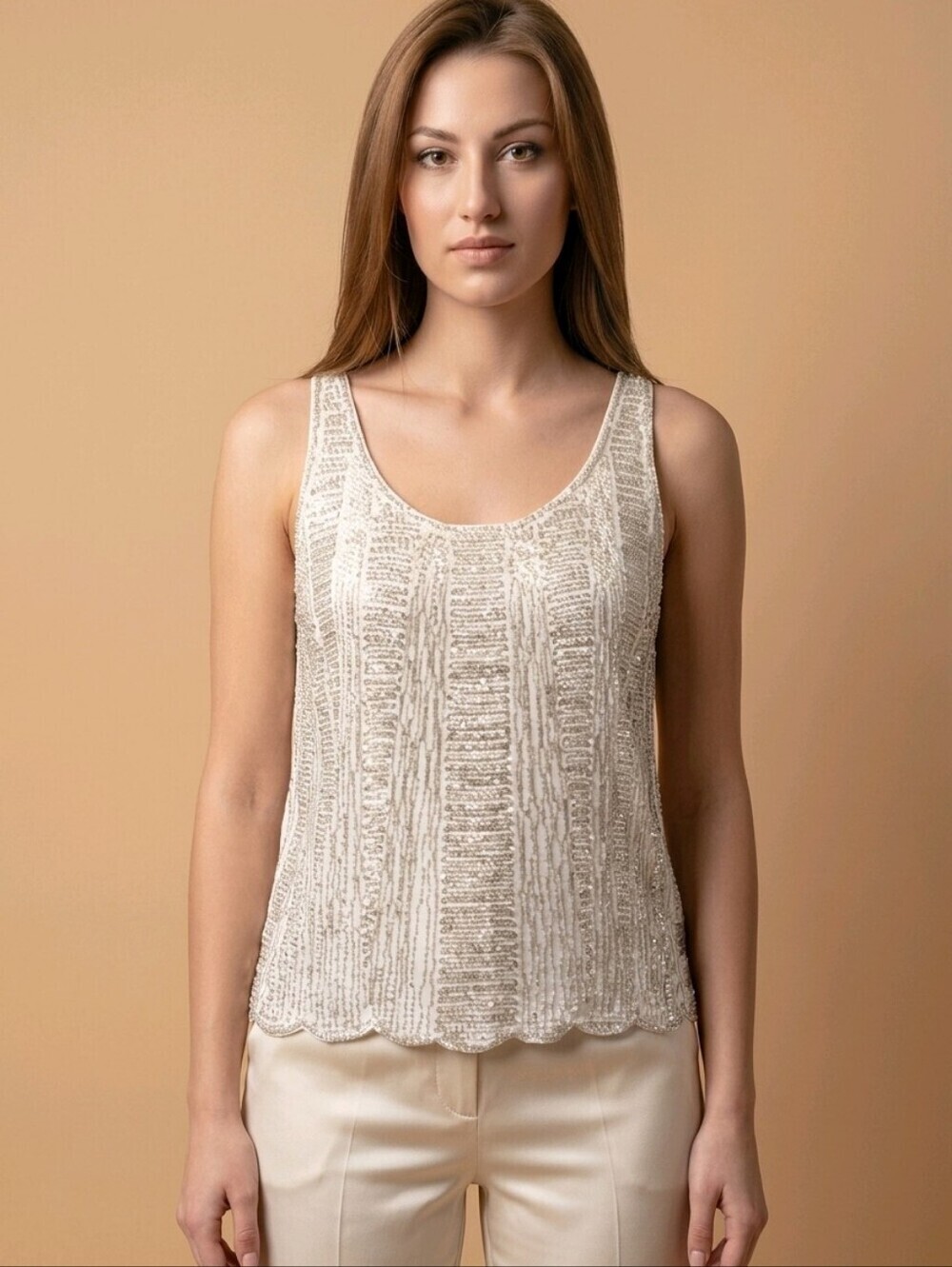 Beulah highlow sleeveless blouse with bead design throughout Sz S Good condition